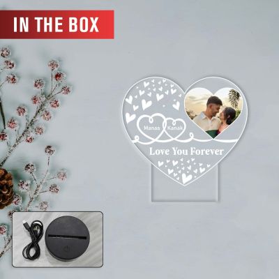 Personalized Heart Photo 3D LED Night Light | Custom Name & Picture Lamp with Love You Forever, Anniversary & Birthday Gift for Husband & Wife, Girlfriend Boyfriend (Warm White Light)